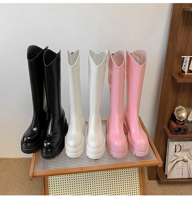 Boot nữ cổ cao da bò đế dày tăng chiều cao, khóa kéo sau, dáng ôm chân — Lớp lót đơn màu đen 12cm, Lớp lót đơn màu đen 15cm, Lớp lót đơn màu hồng 12cm, Lớp lót đơn màu hồng 15cm