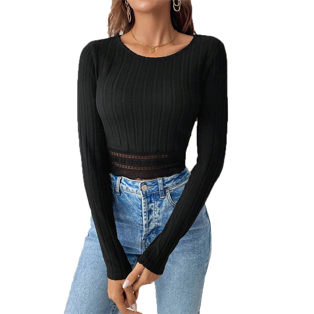 Womens Lace Trim Long Sleeve T Shirt Slim Fit Versatile Style Spring Summer Essential Wholesale Available