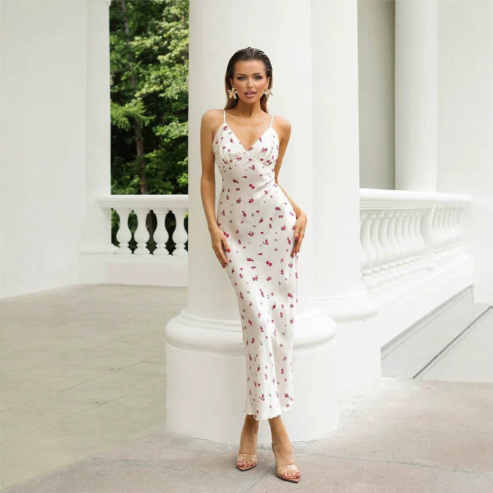 French Style Floral Print Maxi Dress for Women Slim Fit V Neck Sleeveless Elegant Casual Wear Wholesale Available