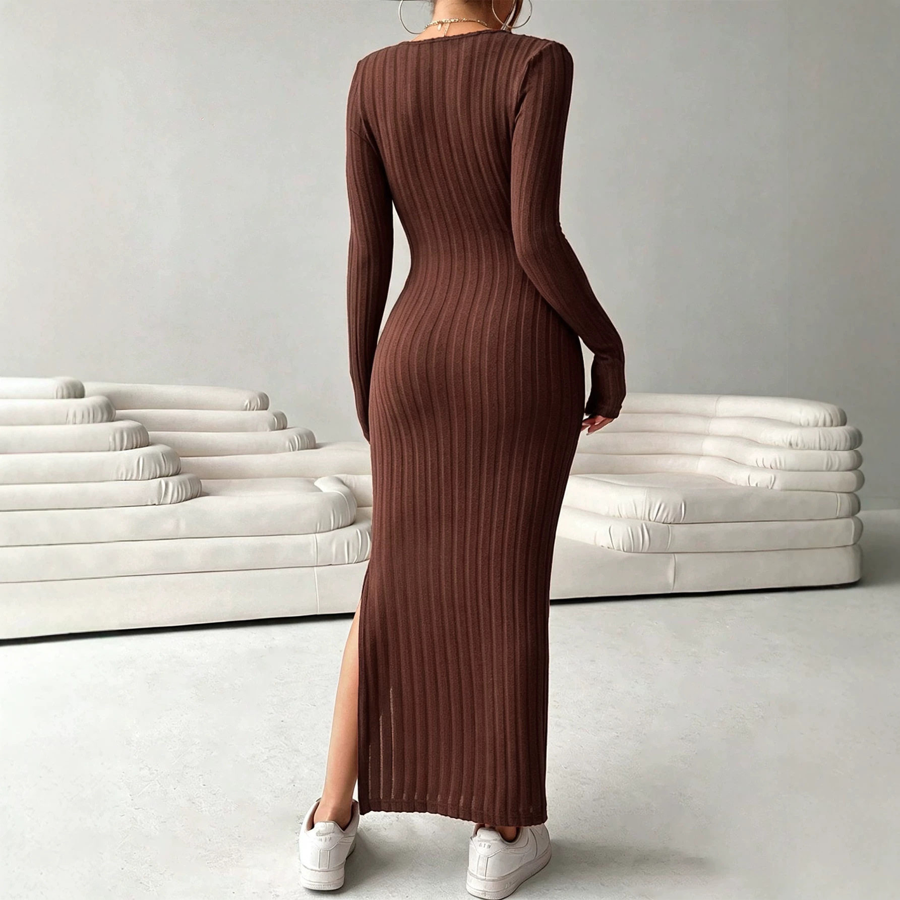 Deep V Neck Knit Dress Long Sleeve Bodycon Fit High Slit Slimming Design Autumn Winter Fashion Wholesale Available
