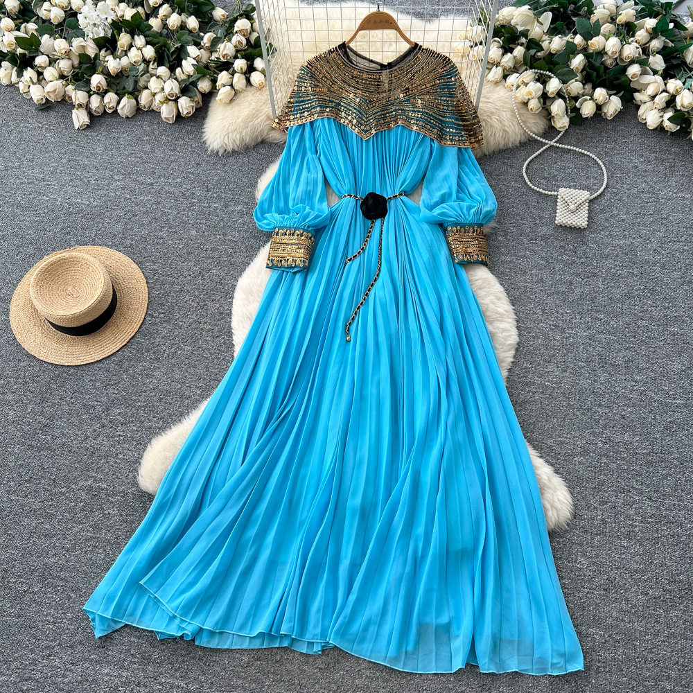 French Style Embroidered Beaded Sequin Mesh Lantern Sleeve Tie Waist Pleated Maxi Dress for Women Elegant Evening Wear
