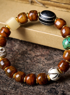 藏饰牦牛骨炸裂纹桶珠手链文玩一眼天珠鹿角民族手串直播货源