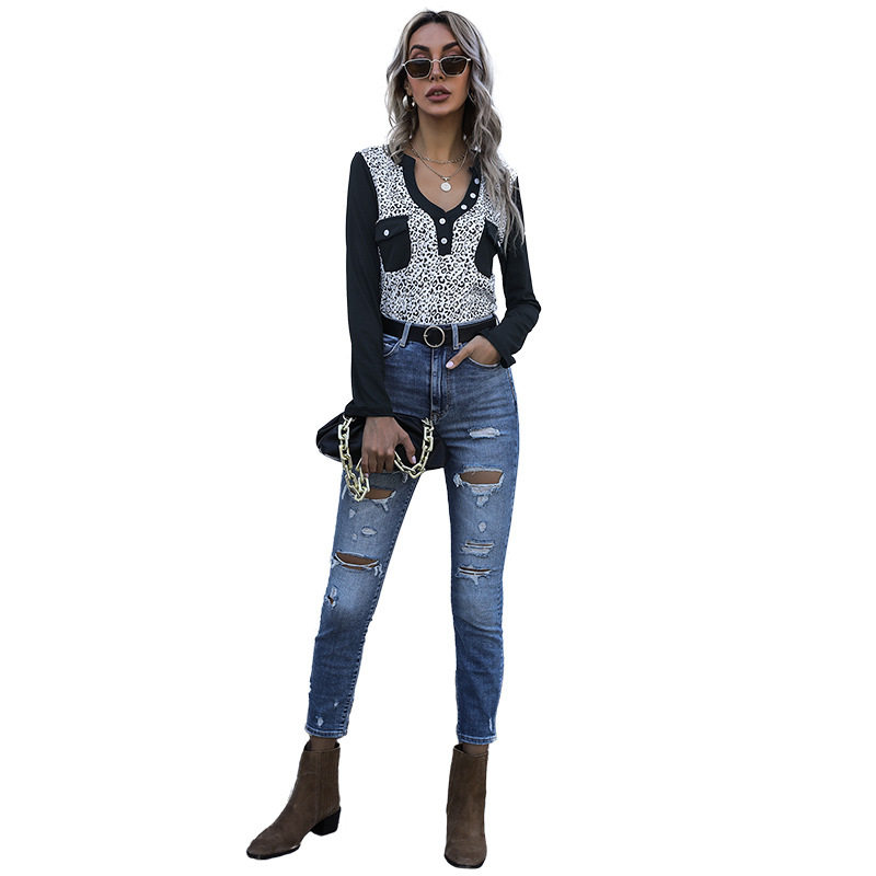 Long Sleeve Leopard Print Black T Shirt Slim Fit Casual Style Comfortable Fabric Perfect for Everyday Wear