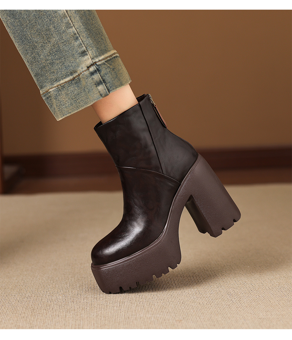 Boot Martin nữ gót thô 12cm đế platform tăng chiều cao, da bò thật — Lớp lót đơn màu đen, Lớp lót đơn màu nâu, Lót nhung đen, Lót nhung màu nâu