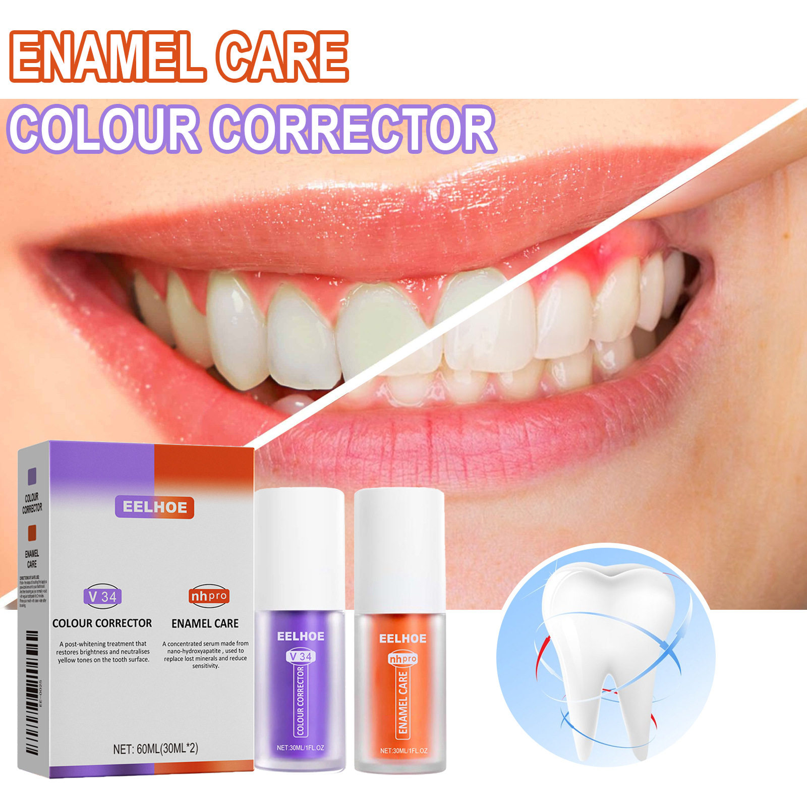 Eelhoe V34 Teeth Shine Care Set Cares for the Oral Cavity, Brightens and Cleans Teeth, Purple Orange Toothpaste