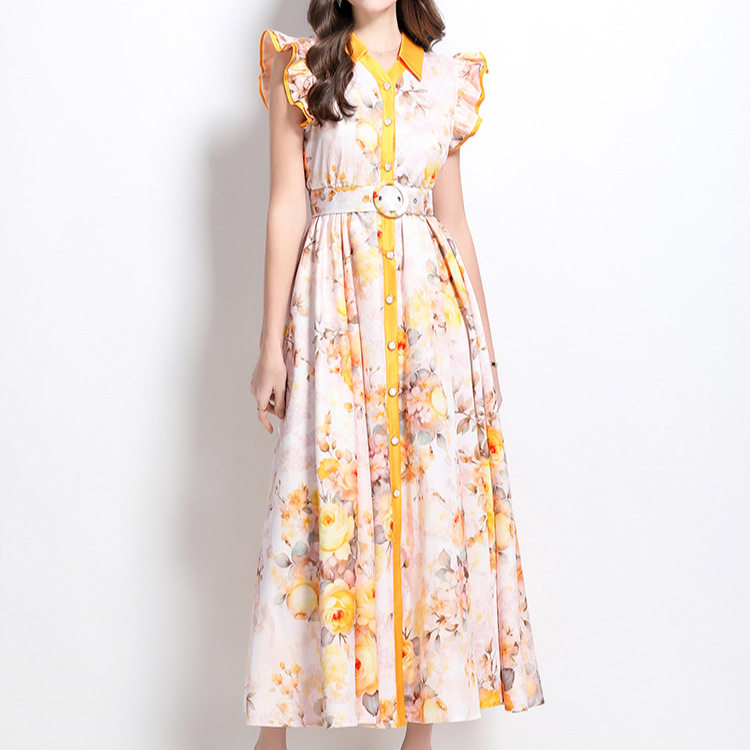 Floral Ruffle Sleeve A Line Dress Slim Fit Waist Defined Elegant Style Perfect for Parties and Special Occasions