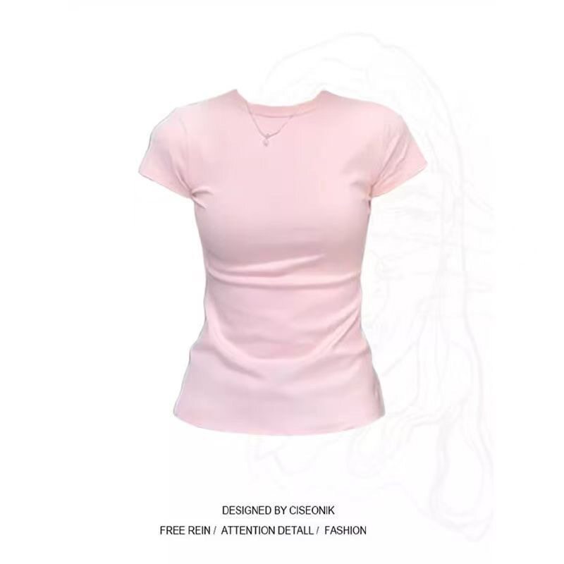 小个子辣妹正肩短袖T恤女2025新款夏季修身显瘦打底衫百搭短上衣