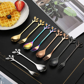Stainless Steel Leaf Spoon and Fork Scandinavian Stirring Spoon Simple Coffee Spoon Creative Gold-Plated Dessert Spoon Colorful Fruit Fork