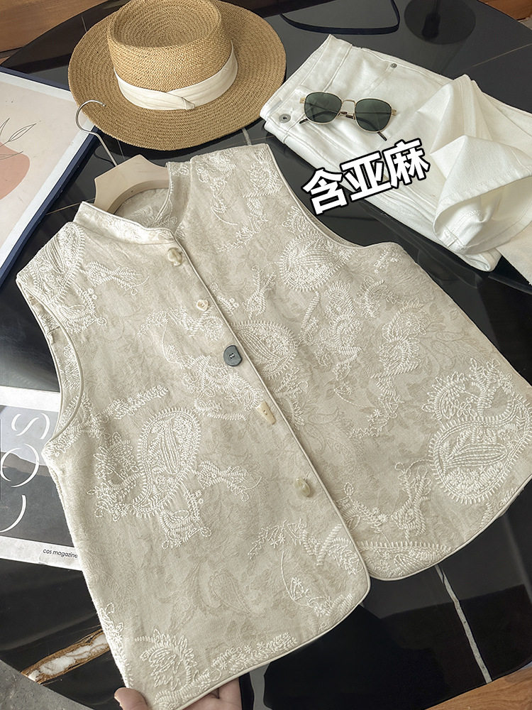 New Chinese-Style Heavy Embroidery National Style Vest Layered Tank Top Linen Sleeveless Jacket Top for Women 2026