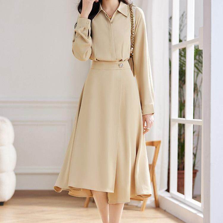 Solid Color Fashion Dress Simple Design Waist Cinching Slim Fit French Style Office and Commuting Wear OEM