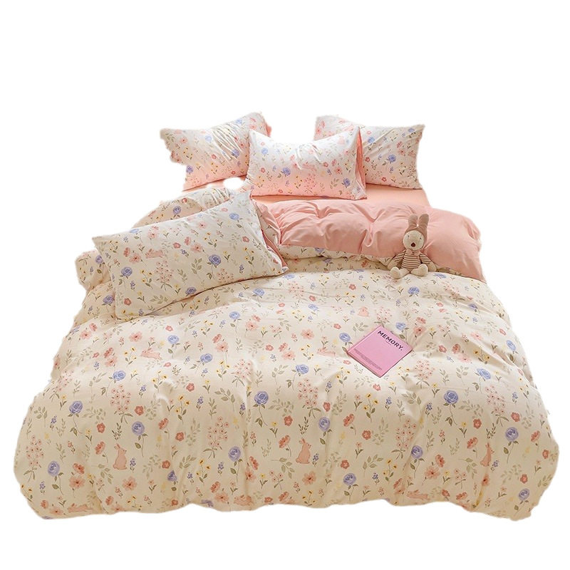 Category a Maternal and Infant Grade Washed Wrinkled Cotton Four-Piece Set Student Dormitory Small Floral Fitted Sheet Three-Piece Gift Set Wholesale