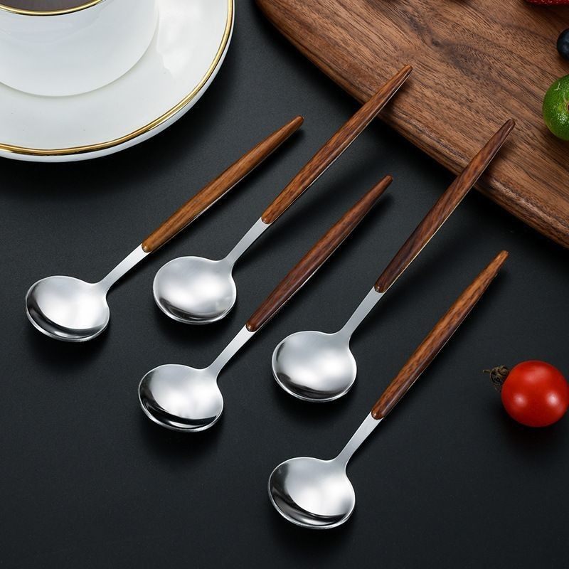 Creative Wood Grain Handle Coffee Spoon Stainless Steel Spoon Ice Cream Small Round Spoon Long Handle Dessert Honey Spoon Stirring Spoon