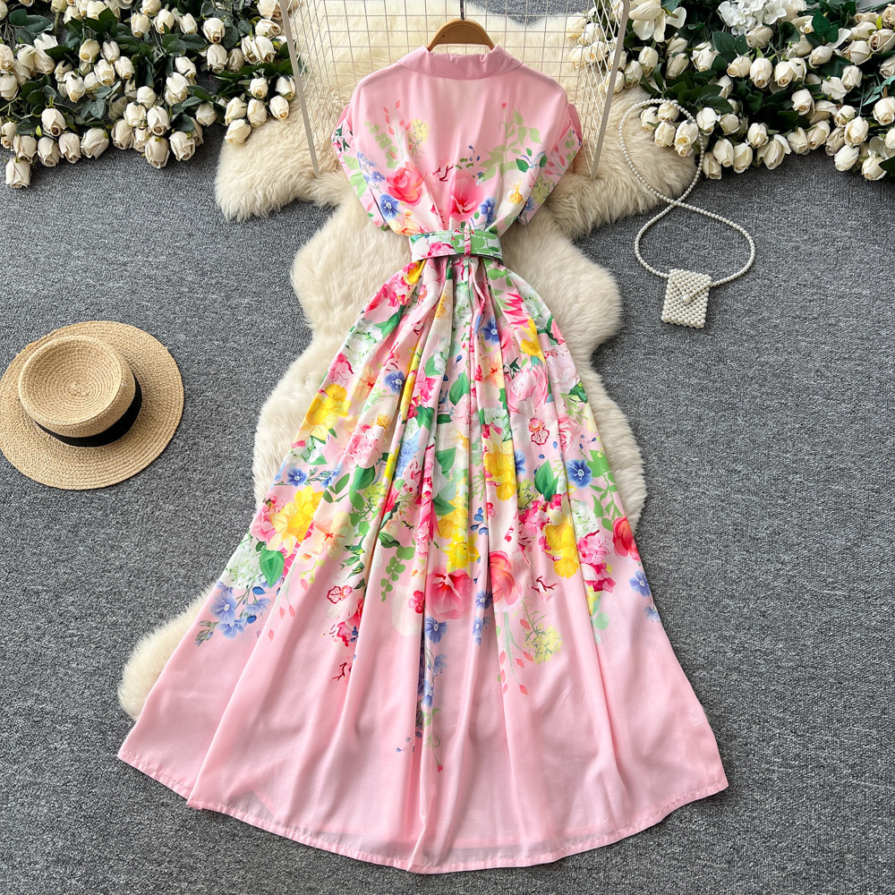 Summer Floral Print Maxi Dress for Women V Neck Sleeveless Tie Waist High Waist A Line Casual Office Wear