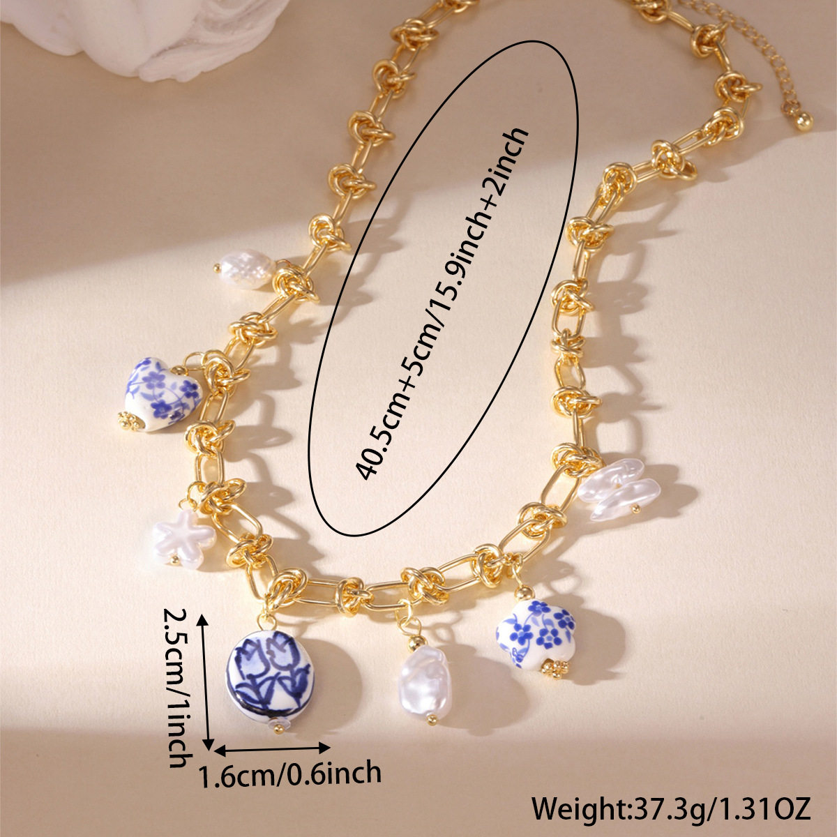 European and American Cross-Border Popular Copper Imitation Pearl Blue and White Porcelain Necklace Electroplated 18K Real Gold Clavicle Necklace Jewelry Wholesale
