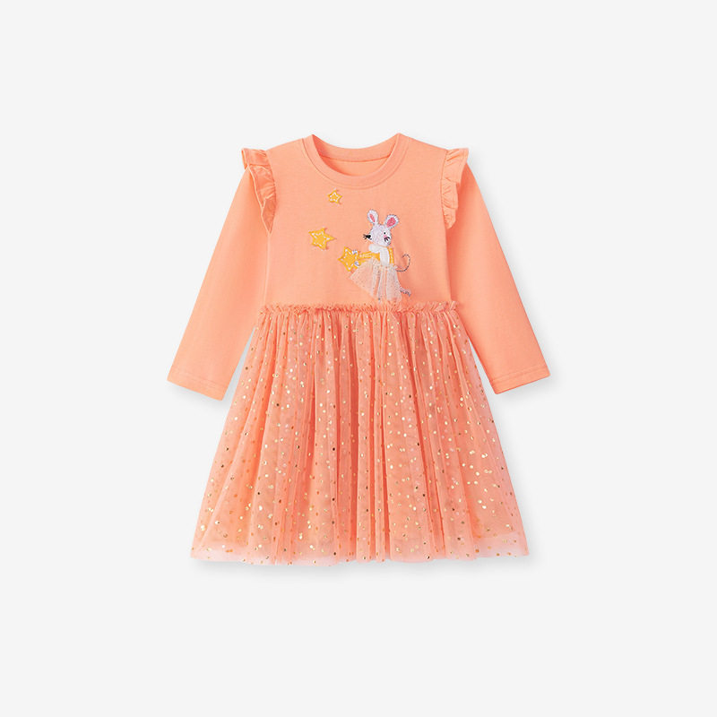 Autumn Girls' Tulle Princess Dress, Cartoon Cotton Kids' Dress