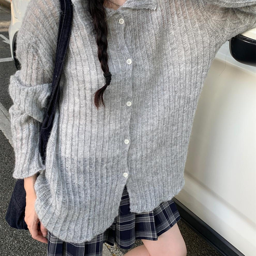 ฤดูใบไม้ผลิ Hollow lapel cardigan ลำลองสีทึบ Boho สไตล์ถักเส...