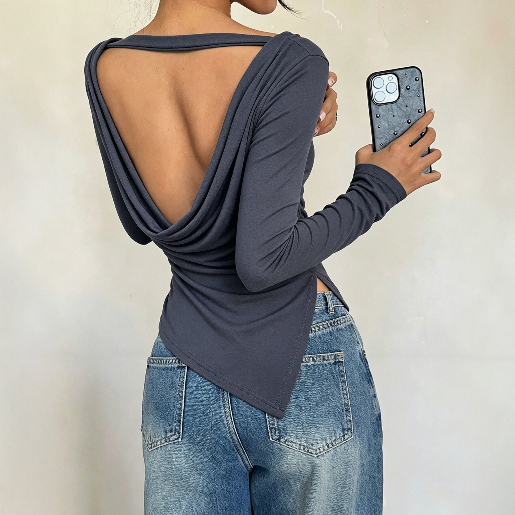 Off Shoulder Long Sleeve Top Slim Fit Backless Design Asymmetrical Hem Side Slit Casual Wear for Women OEM