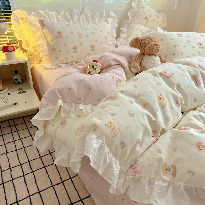 2025 New Princess Style 100 Pure Cotton Bed Skirt Four-Piece Set Internet Celebrity Cotton Quilt Cover Bedspread Bed Cover 1.8 Fitted Bed Sheets 4