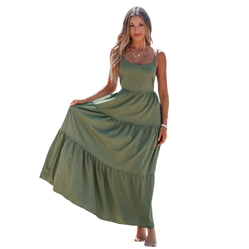 Green Backless Tie Back Maxi Dress Flowy Silhouette Vacation Style Beachwear Wholesale Available
