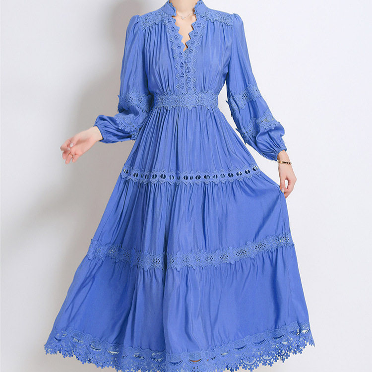 Vintage Court Style Puff Sleeve Dress Hollow Out Lace Cross Neck Design Elegant Long Dress for Autumn Wholesale