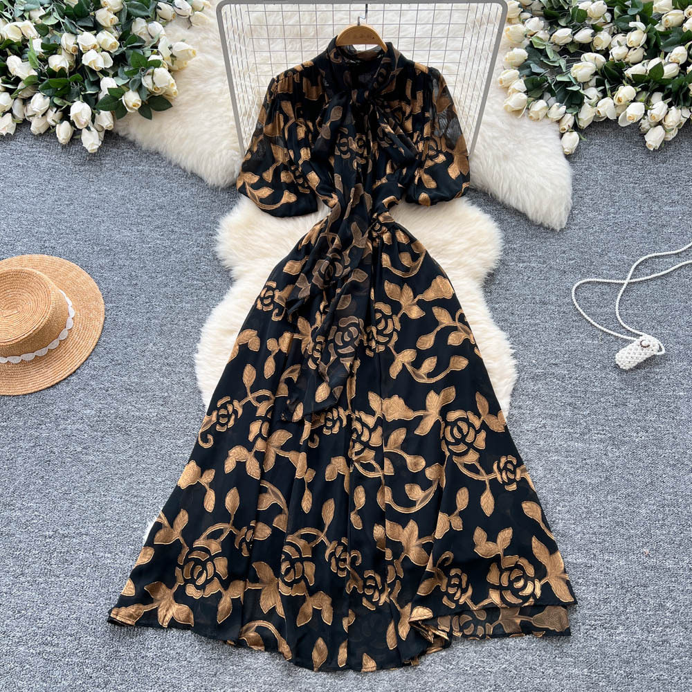 French Style Lantern Sleeve Dress Bow Tie Waist Defined Floral Mesh Elegant and Flowing Perfect for Parties and