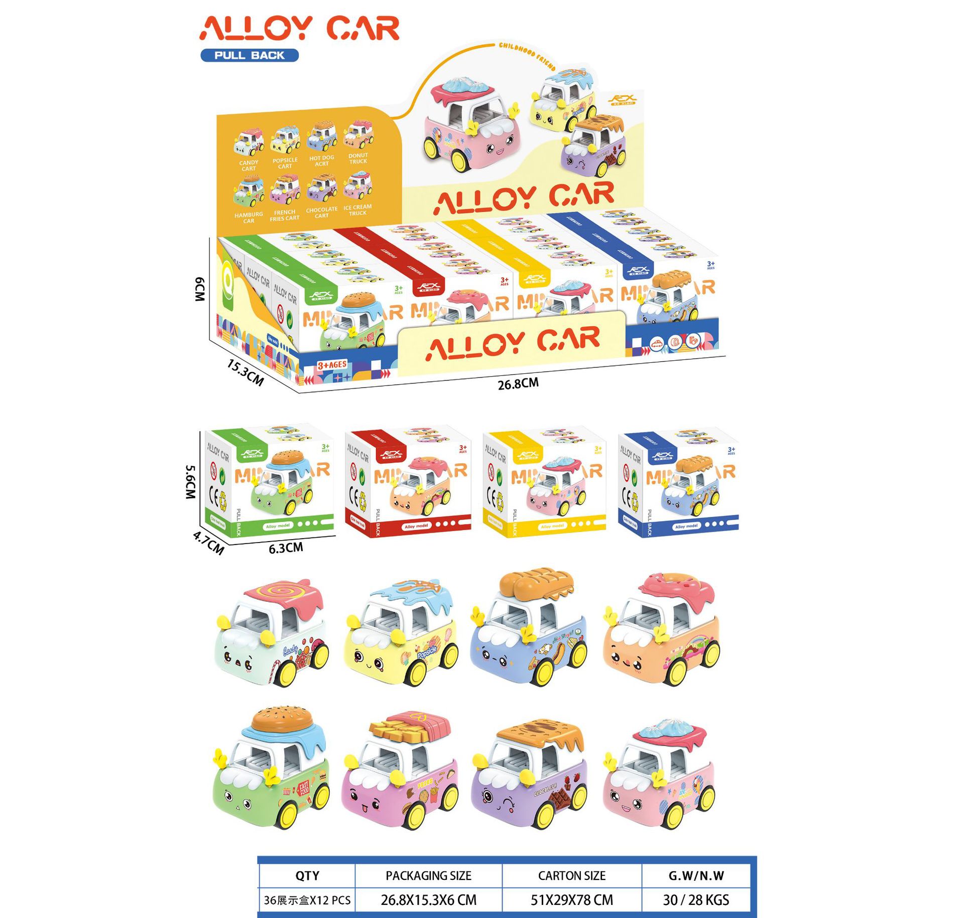 1:64合金回力卡通美食车回力合金玩具车加厚耐摔合金车仔回力车子