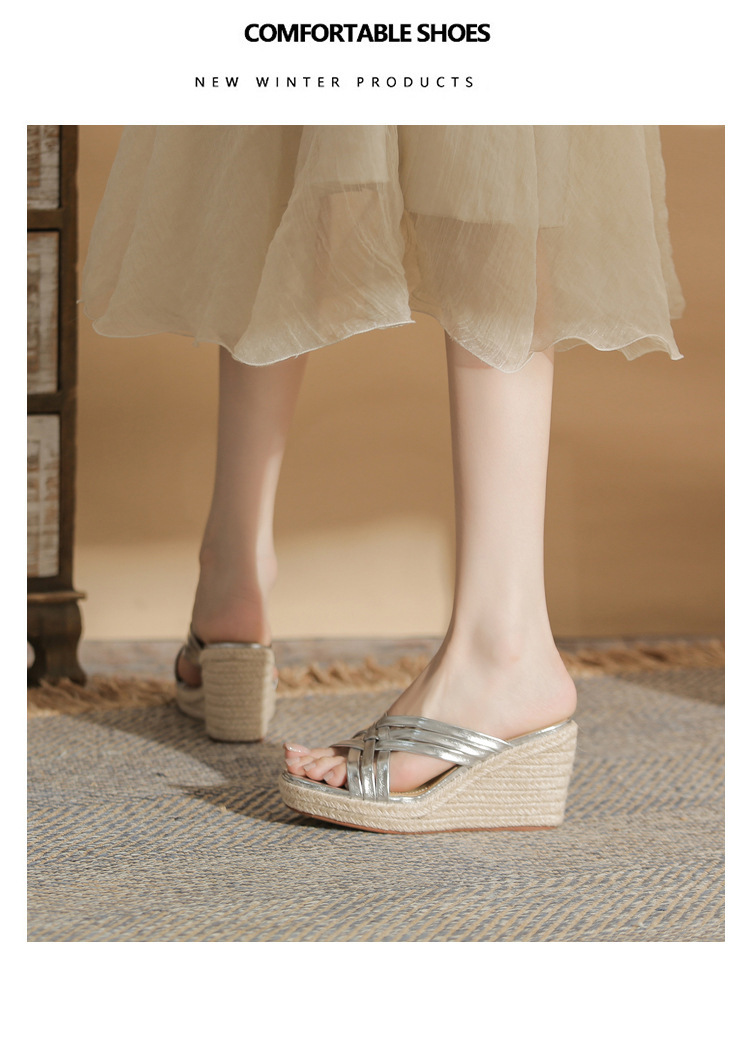 Sandal nữ quai ngang đế xuồng cao 9cm mũi hở phối quai bện — Màu bạc, Màu trắng