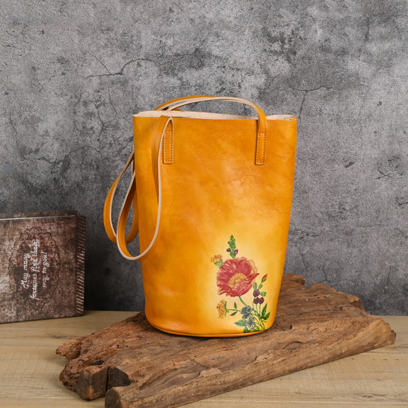 Túi xách nữ dáng bucket da bò thật in hoa thủ công — Màu trắng be, Nâu cổ điển, Vàng cổ điển, Xám cổ điển