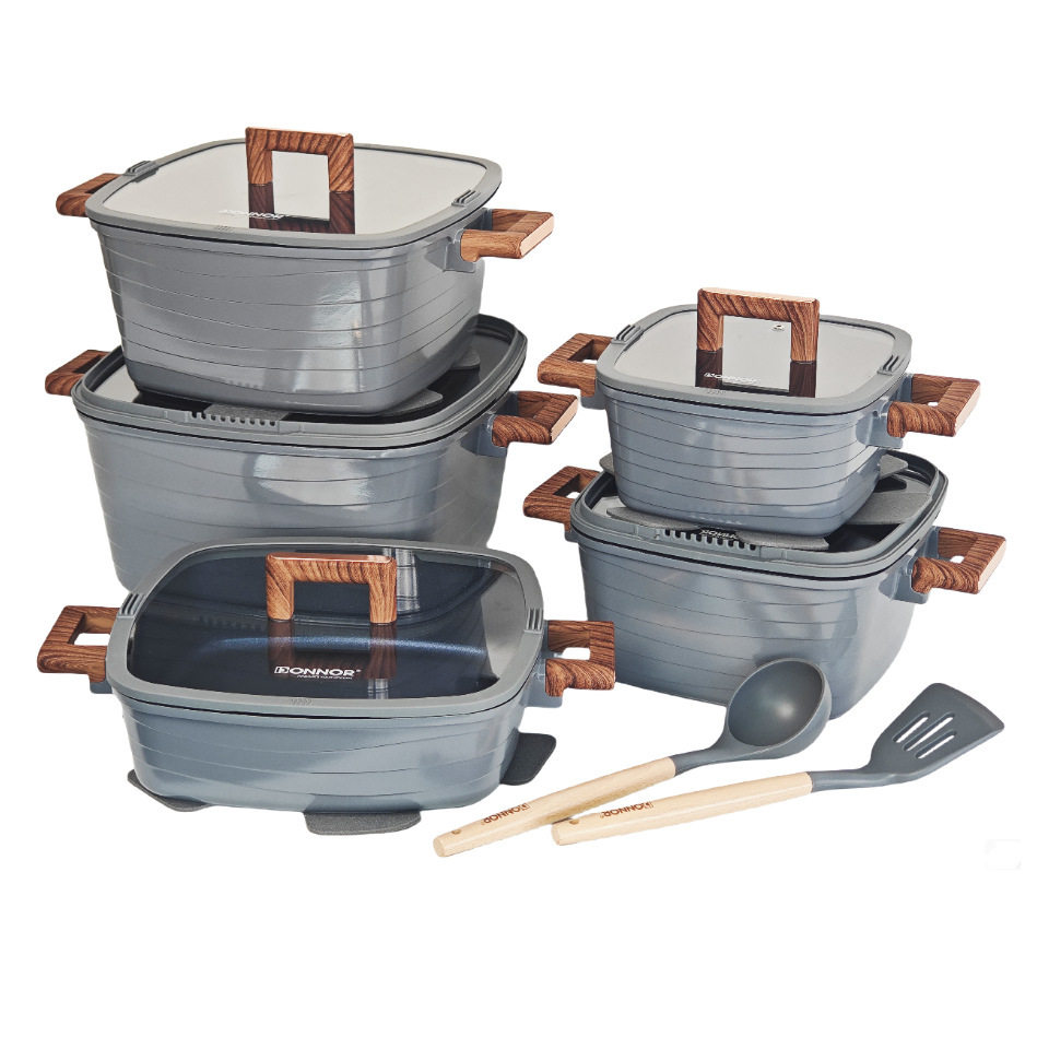 15-piece set striped square pot aluminum die-cast non-stick pot bakelite silicone glass aluminum pot soup pot marble