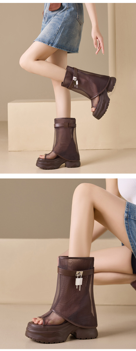 Boot nữ cổ trung lưới khoét hở phối da bò, đế dày tăng chiều cao — Đen có hình, màu đen, Màu nâu, Màu nâu có hình