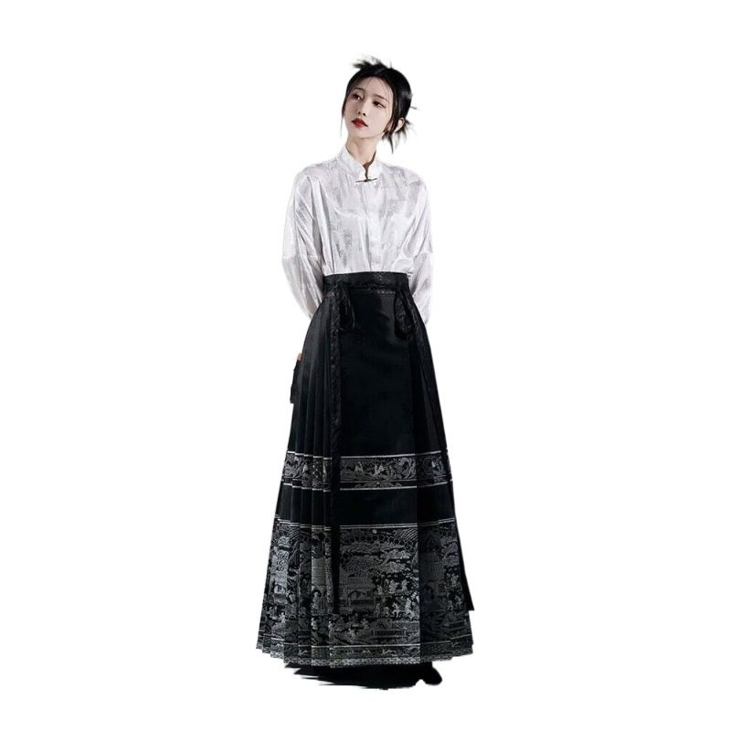 Wind-led One-sleeve Original Hanfu Many People Ming-made Black Horse-faced Skirt Summer Men's and Women's National Style Vertical Collar Short Shirt suit