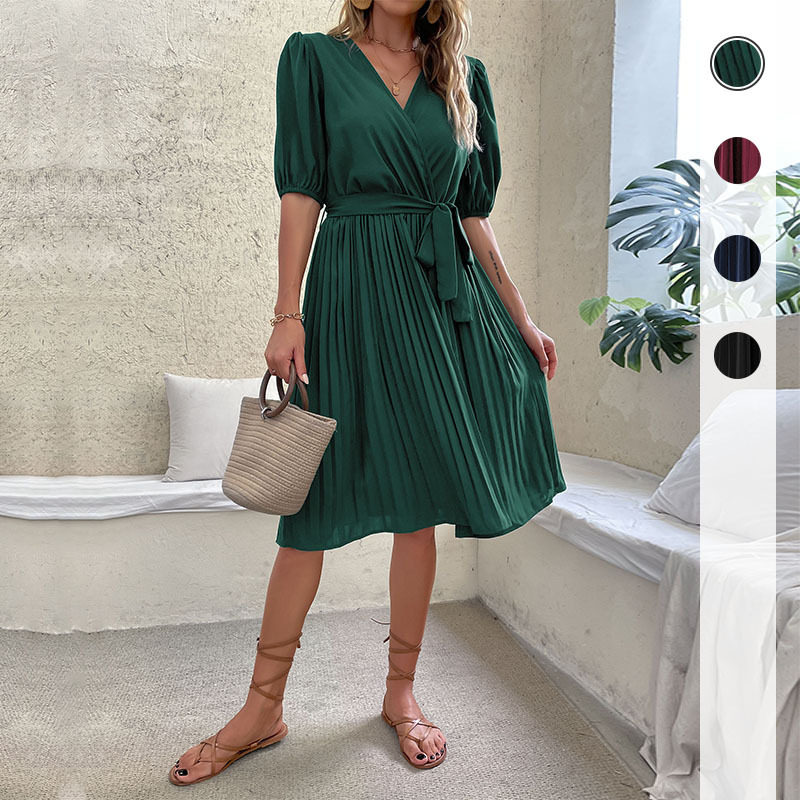 Summer Green Ruched Dress V Neck Tie Detail Fashionable Design Perfect for Casual Outings Wholesale Available