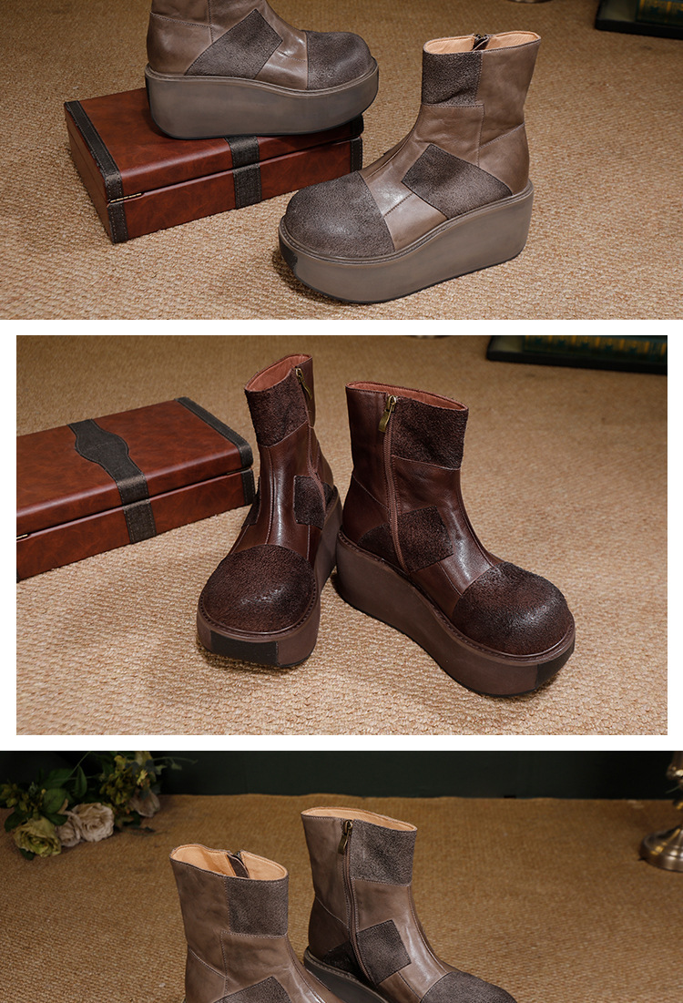 Boot nữ cổ thấp da bò thật đế dày phong cách cổ điển — màu cà phê, màu xám