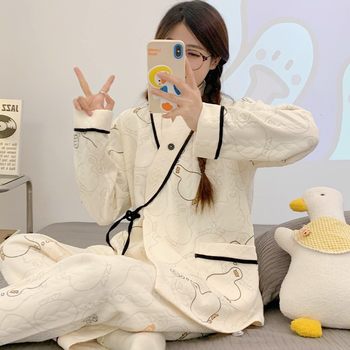 Lunar Clothing Spring and Autumn Thick Air Cotton Postpartum Breastfeeding Clothes Going Out Maternal Sitting Moon Sweat Absorbing Pregnant Women's Pajamas Feeding