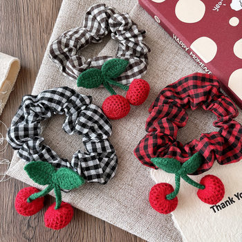Korean-Style Sweet Plaid Yarn Knitted Cherry Hair Tie for Girls, Bun Fabric Scrunchie Versatile Girly Hair Accessory