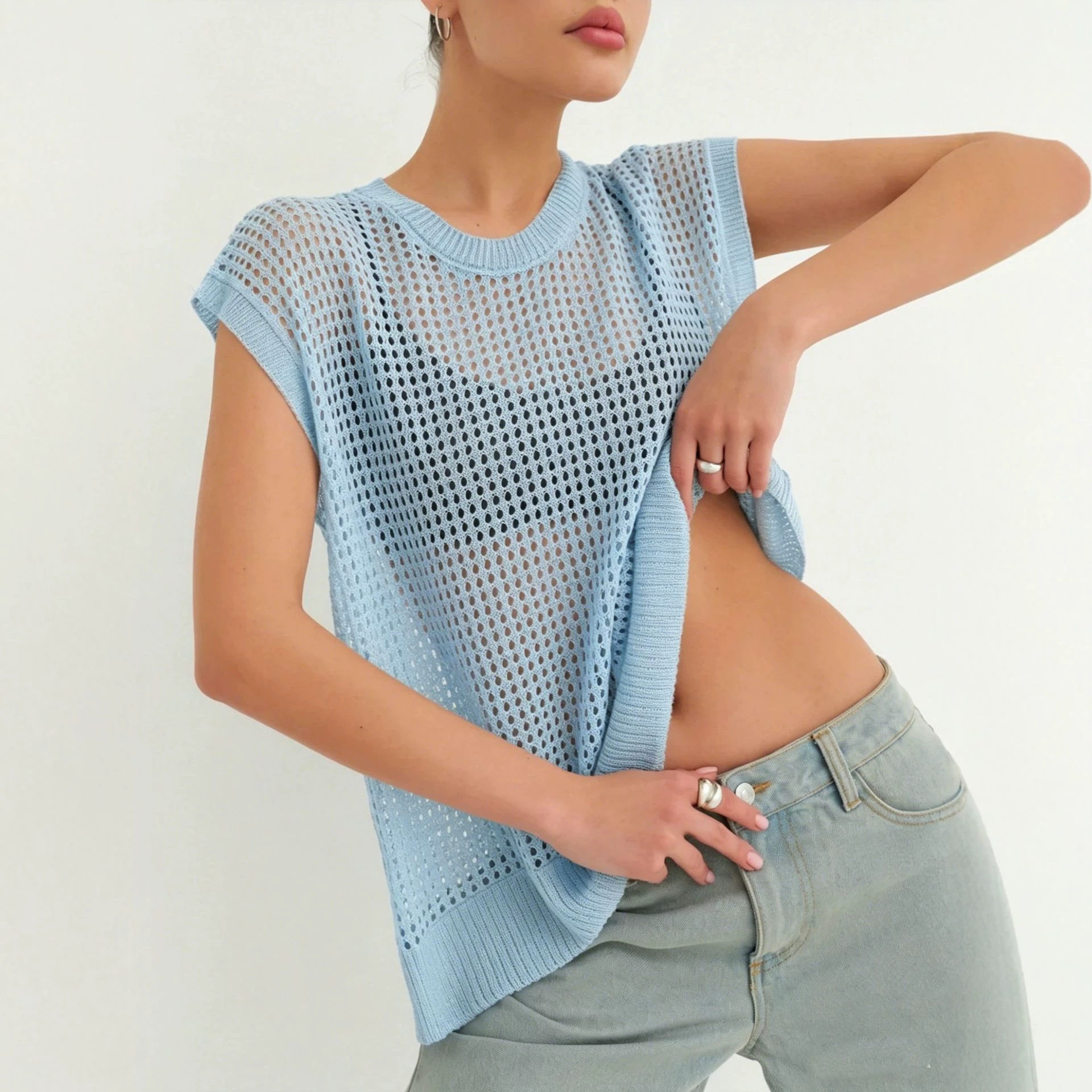 Lace Knit Sweater Vest Lightweight Sheer Round Neck Spring Summer Fall Fashion Wholesale Available