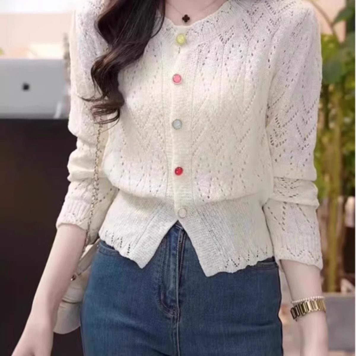 Lace Hollow Round Neck Knit Sweater for Women Soft Fabric Long Sleeve Versatile Style Spring Summer Casual Wear