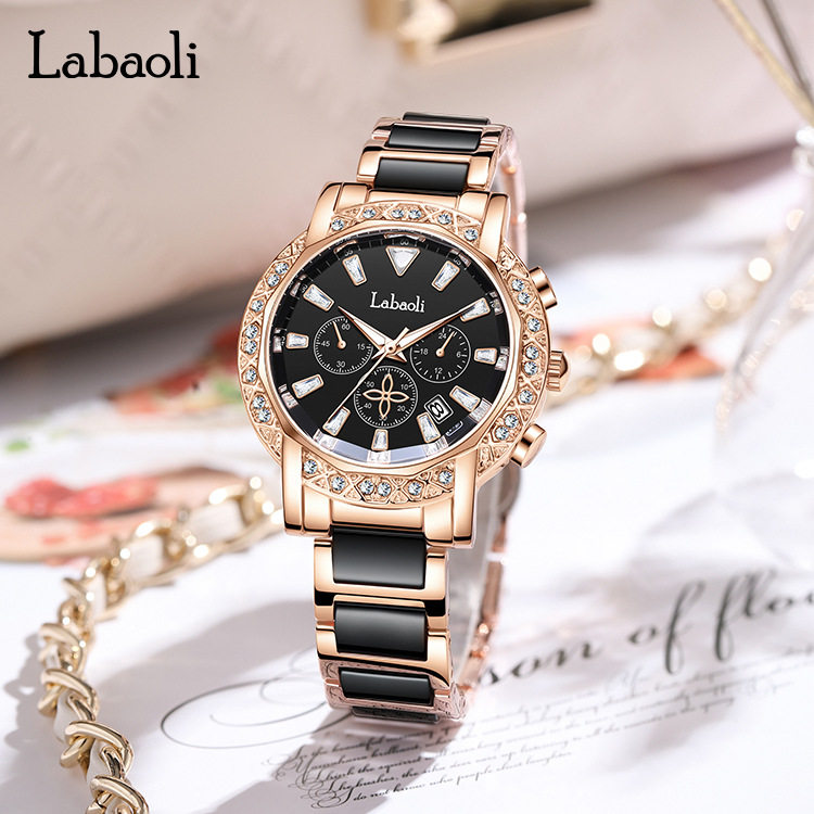 Labaoli Fashion Women's Watch, Elegant Waterproof Quartz Watch with Diamond and Mother-Of-Pearl Large Dial Calendar Watch