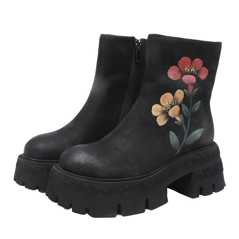 Boot nữ cổ ngắn da bò thật thêu hoa thủ công gót vuông — Màu cà phê, Màu đen
