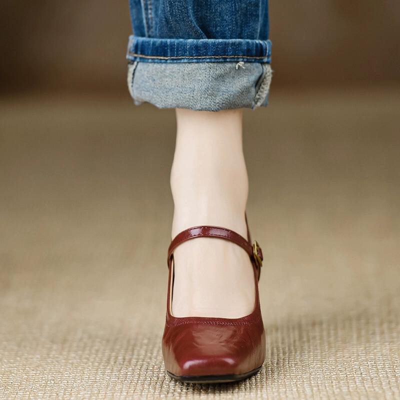 Giày Mary Jane nữ mũi vuông quai ngang phong cách cổ điển — Màu đen 5cm, Màu đen 7cm, Màu đỏ 5cm, Màu đỏ 7cm