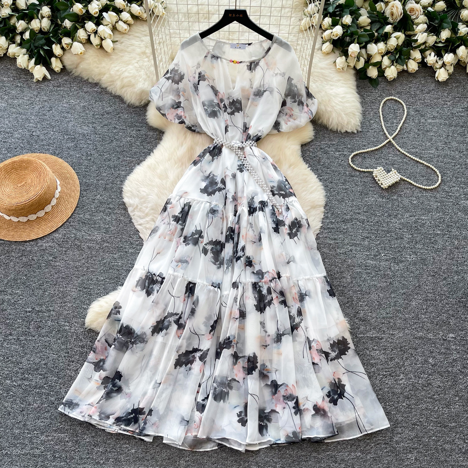 French Style V Neck Floral Dress Short Sleeve Waist Defining A Line Silhouette Summer Vacation Wear Wholesale