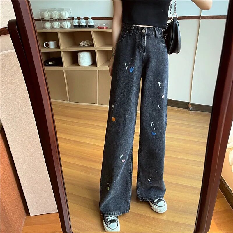 High Waisted Loose Fit Denim Pants Vintage Ink Splash Heart Design Casual Spring Fall Wear Wholesale Available