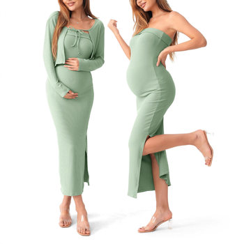 Maternity Suit Two-Piece Set 2025 European and American Long-Sleeved Cardigan Top Knitted Chest-Wrapped Slim Maternity Dress