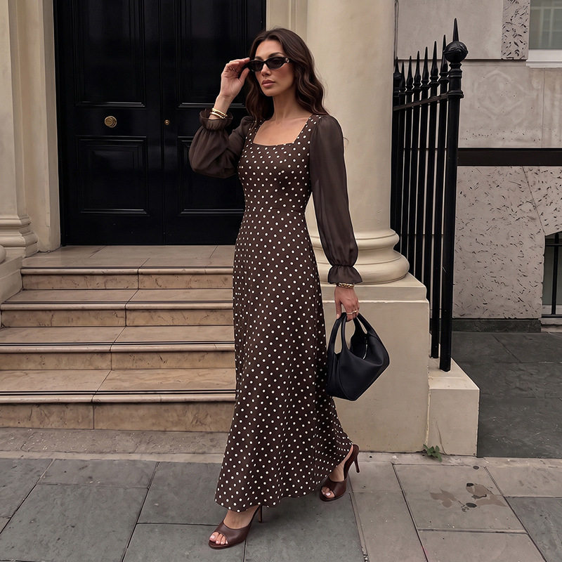 French Style Polka Dot Long Sleeve Dress Elegant Square Neck Chic Patchwork Design Perfect for Spring and Summer Events
