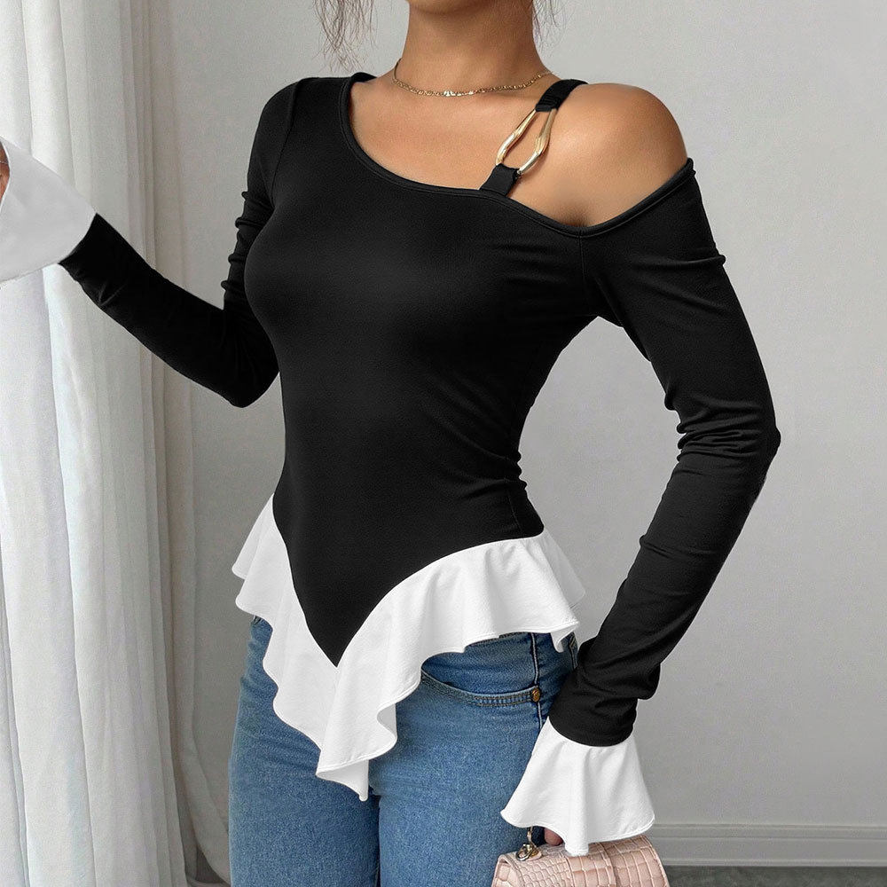 Black One Shoulder Top with Metal Ring Detail Asymmetrical Hem Ruffled White Trim Spring Summer Fashion Wholesale