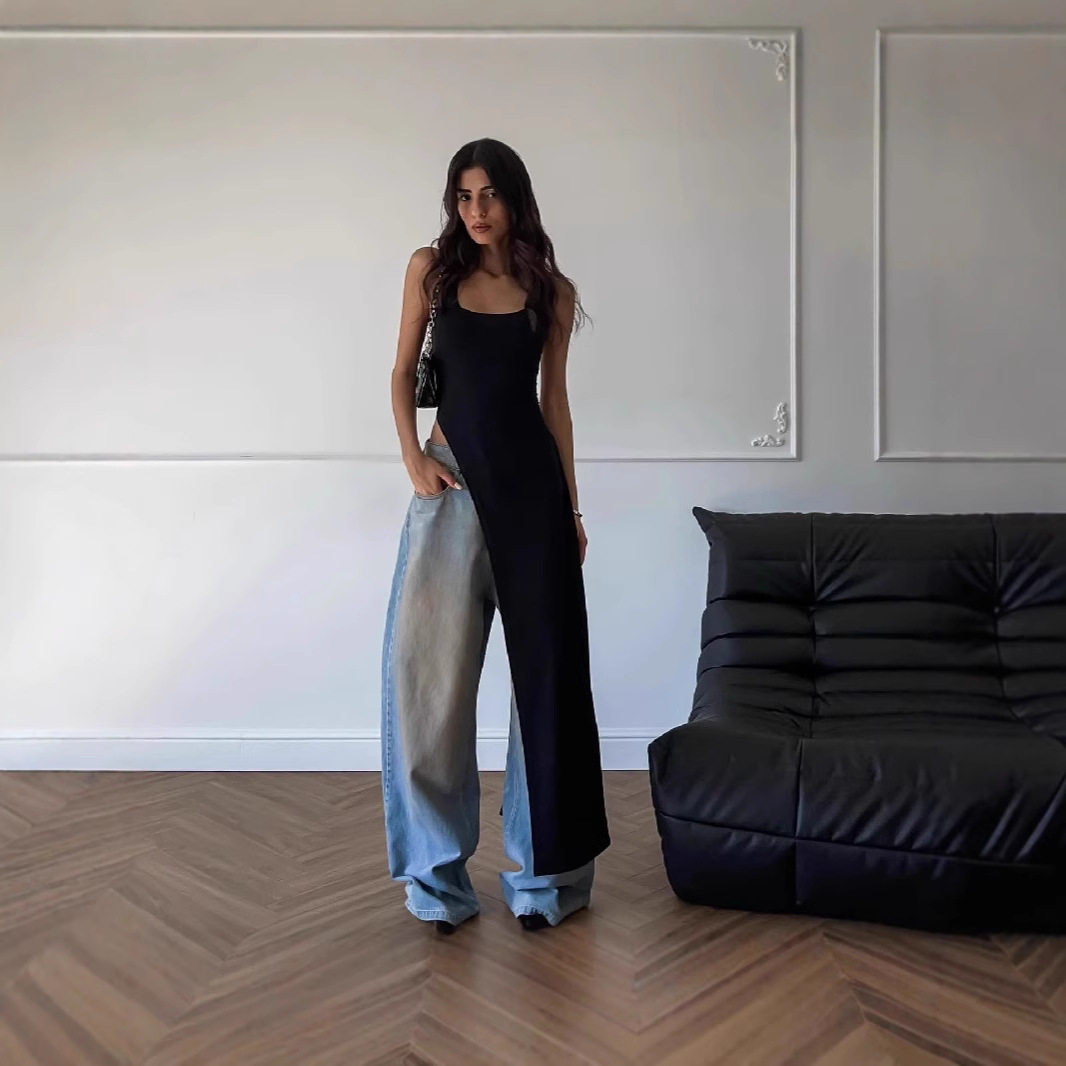 Womens Long U Neck T Shirt Irregular Hem High Slit Solid Color Trendy Autumn Fashion Wholesale Available