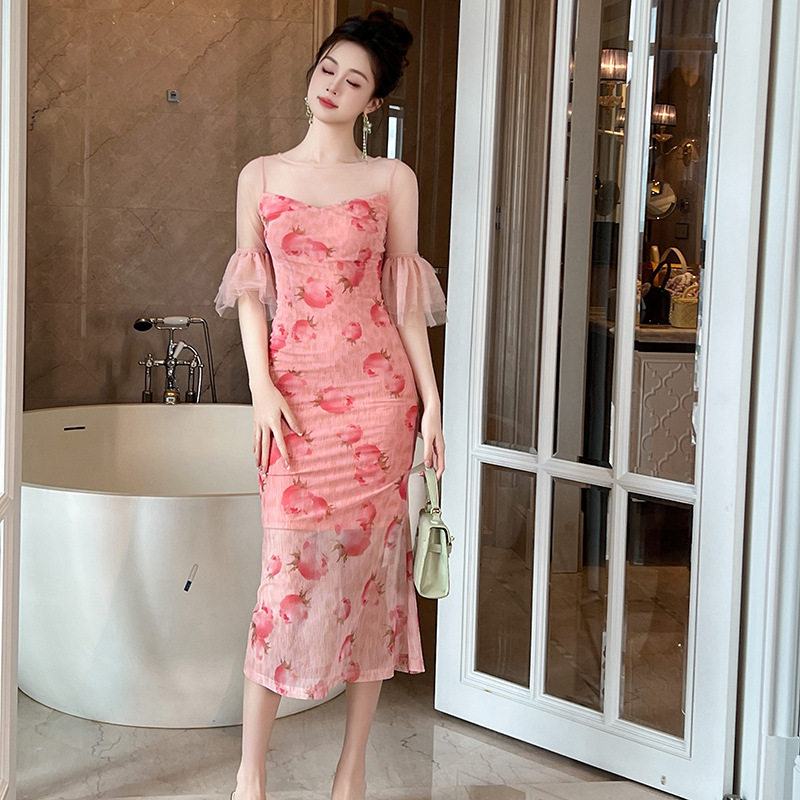 Đầm ôm body nữ tay loe họa tiết hoa phong cách Pháp — [Hồng]