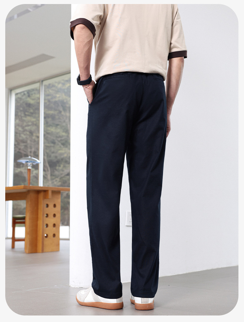 Quần dài nam vải tencel cotton lanh ống đứng co giãn lưng thun thoáng mát — màu đen, Xanh tím than, Màu trắng, Màu kaki