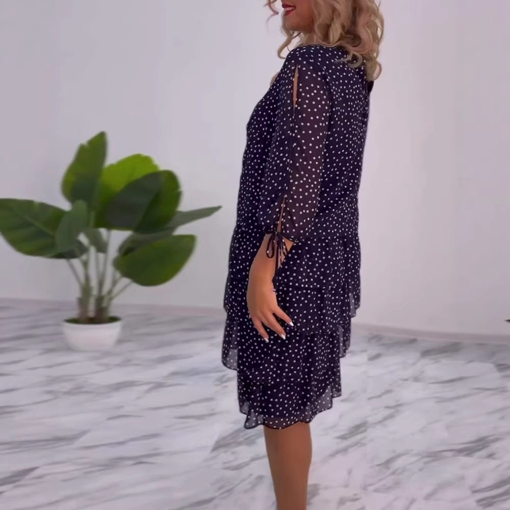 Elegant Floral Polka Dot Cake Dress Round Neck Short Sleeve Lightweight Fabric Perfect for Parties and Special