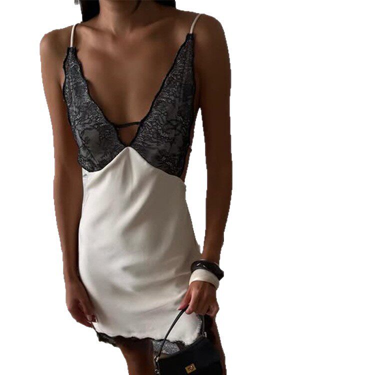 Elegant Deep V Neck Lace Dress Fashionable Sexy Slim Fit Versatile Perfect for Parties and Special Occasions